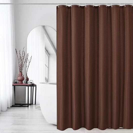 Bingobang Shower Curtains Set for Bathroom with 12 Hooks, Mould Mildew Proof Resistant, Waffle Fabric Bath Bathtub Curtain Washable for Wet Room (Brown, 71 x 71 Inch)