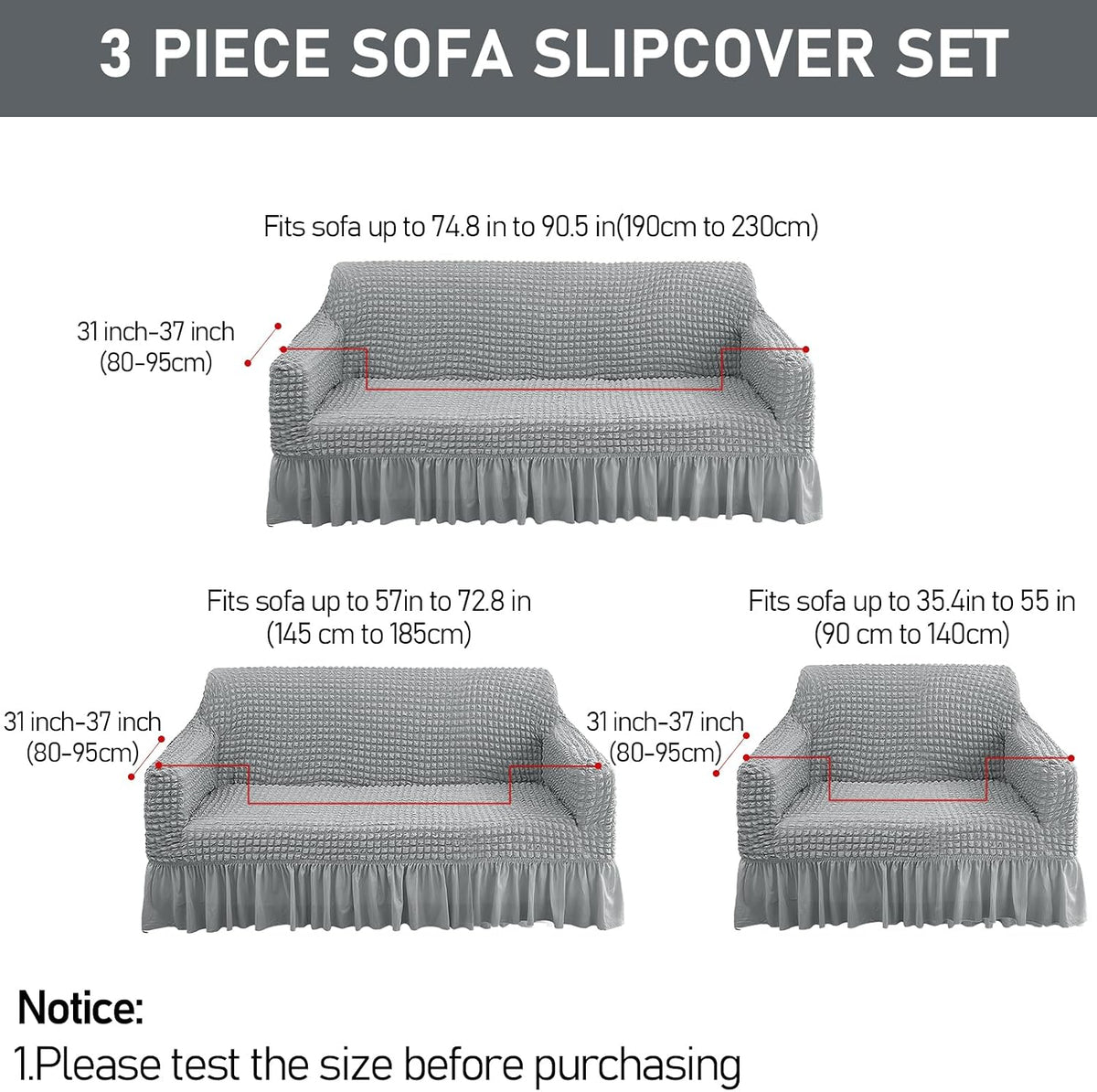3 Pcs Sofa Slipcover Set for Couch Cushion Durable Washable High Elastic Stretchable Furniture Couch Covers with Skirt for Sofa Loveseat Arm Chair (Gray, Seersucker)