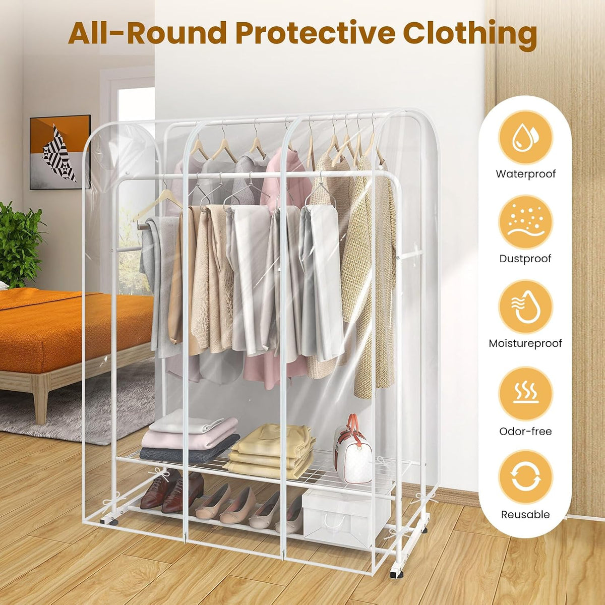 3.6ft Garment Clothes Dustproof Clothes Cover,Clothes Garment Rail Waterproof Clothes Protective Covers With Zipped Cover Clear Protective Zip Over Cover for Garment Hanging Coat Racks