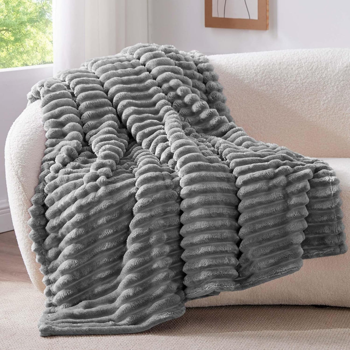 BEDELITE Fluffy Fleece Blanket Cosy Soft Throw, 274x229 cm, Grey