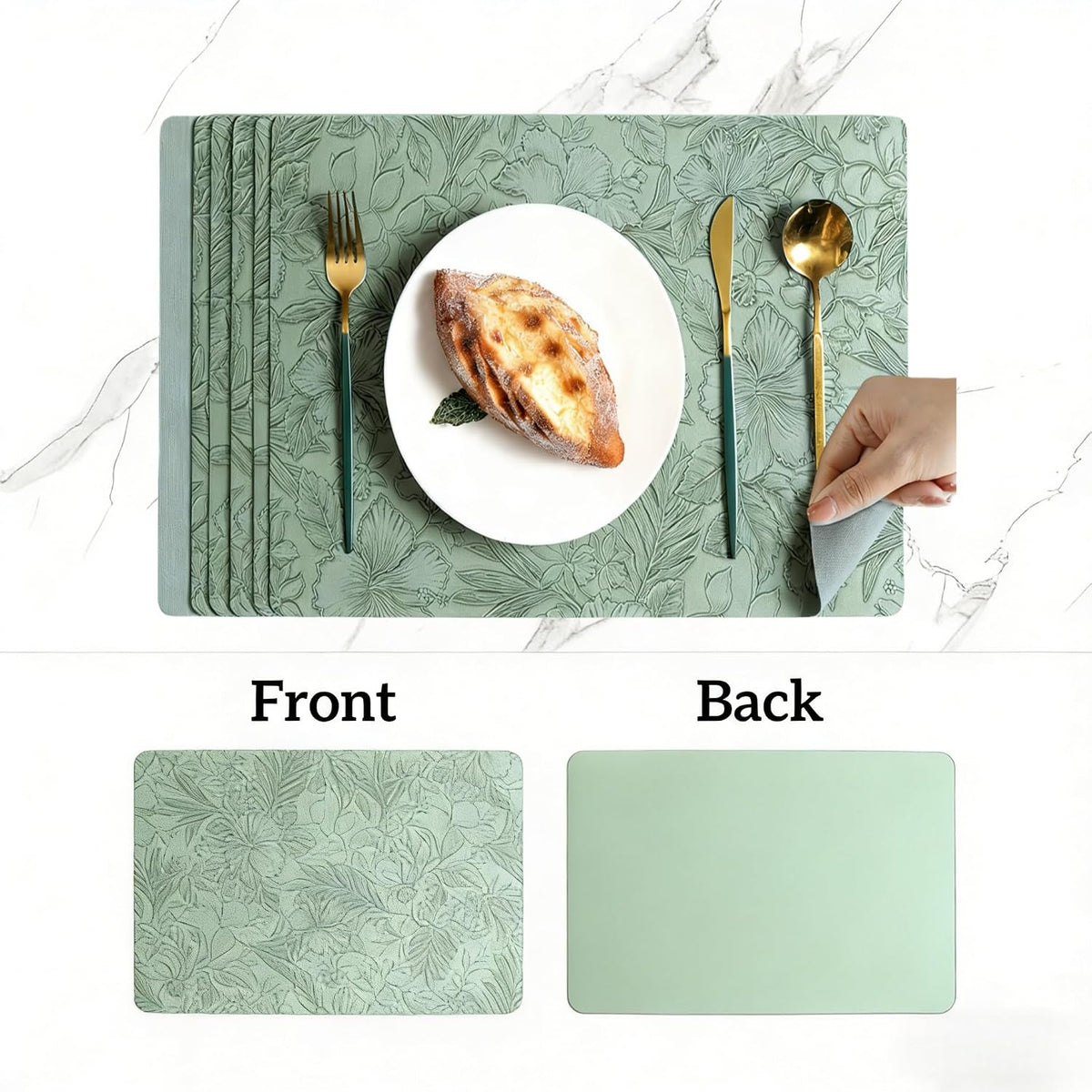 6 Pack with 6 Coasters Set - Artificial Leather Heat Resistant Waterproof Table Mats for Kitchen Dining Table Restaurant Hotel Use, 43x30cm with 10cm Round Coasters, Floral Design（Green ）
