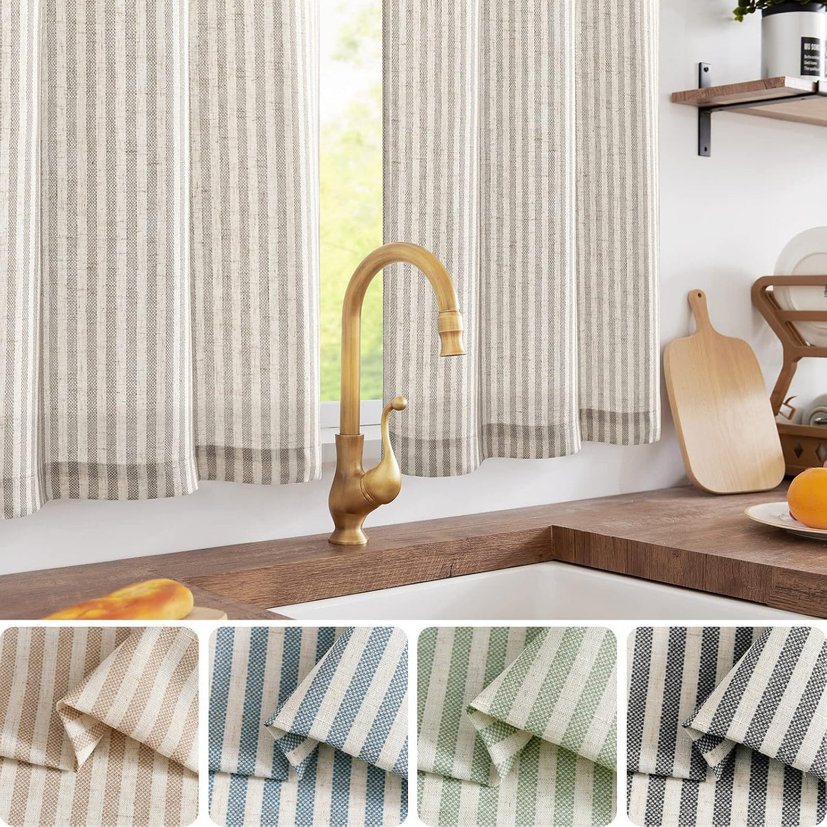 TOPICK Grey Striped Kitchen Curtains, Cafe Curtain 2 Panels, W26xL24 Inch