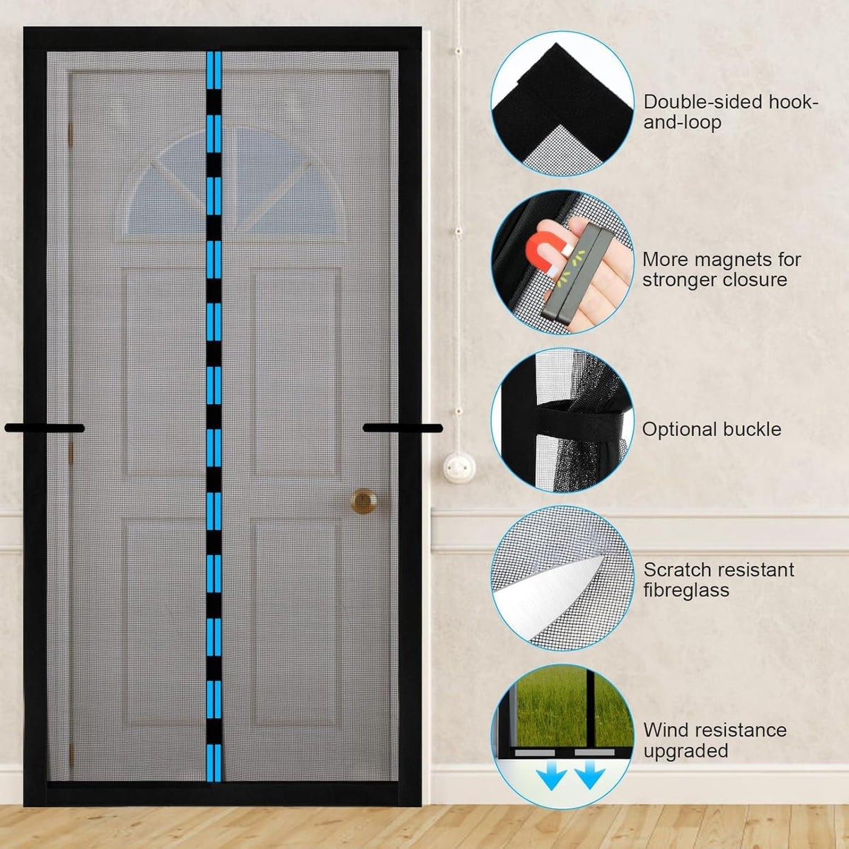 Fillis Magnetic Fly Screen Doors 90x200cm, Mosquito Proof Door Curtains, Fiberglass Mesh with Full Frame Hook and Look, Keep Insects Out