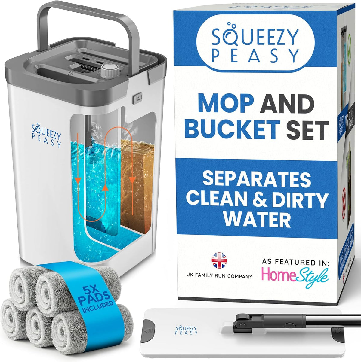 Premium Flat Mop and Bucket Set for Floor Cleaning - Compact & Lightweight Cleaning System with 360 Rotating Head - 5 Microfibre Reusable Mop Pads Included - 3 Chamber Design