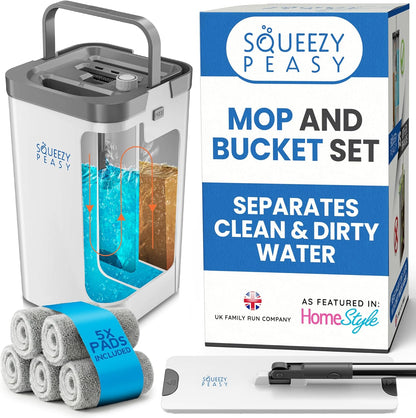 Premium Flat Mop and Bucket Set for Floor Cleaning - Compact & Lightweight Cleaning System with 360 Rotating Head - 5 Microfibre Reusable Mop Pads Included - 3 Chamber Design