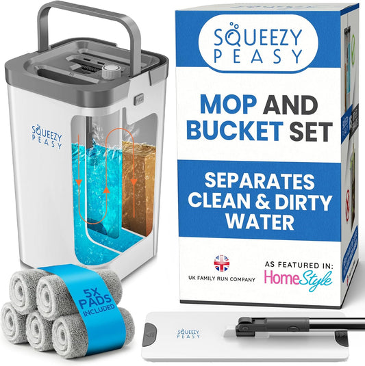 Premium Flat Mop and Bucket Set for Floor Cleaning - Compact & Lightweight Cleaning System with 360 Rotating Head - 5 Microfibre Reusable Mop Pads Included - 3 Chamber Design