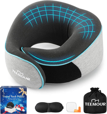 Travel Pillow for Adults,Memory Foam Airplane Pillow with 360 Neck Support, Includes Storage Bag, Eye Mask, Ear Plugs, Adjustable Travel Pillow for Long Flights,Train,Car & Business Trips(Dark Grey)
