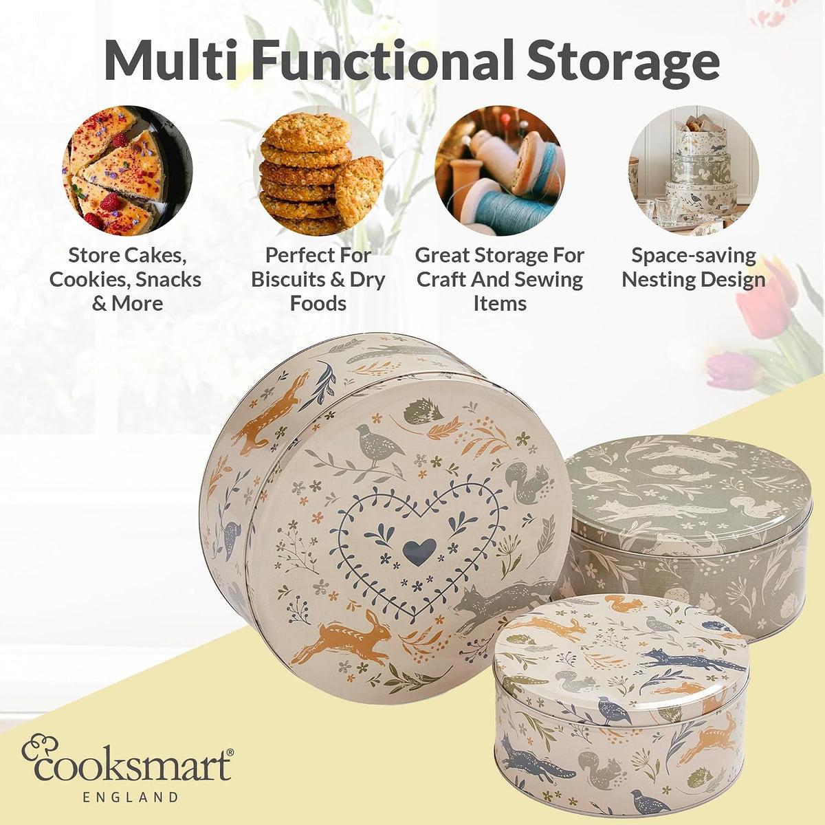 Cooksmart England Set of 3 Cake Storage Tins | Cake Tin/Biscuit Tin Available as Square Storage Tin or as Round Storage Tin (Woodland)