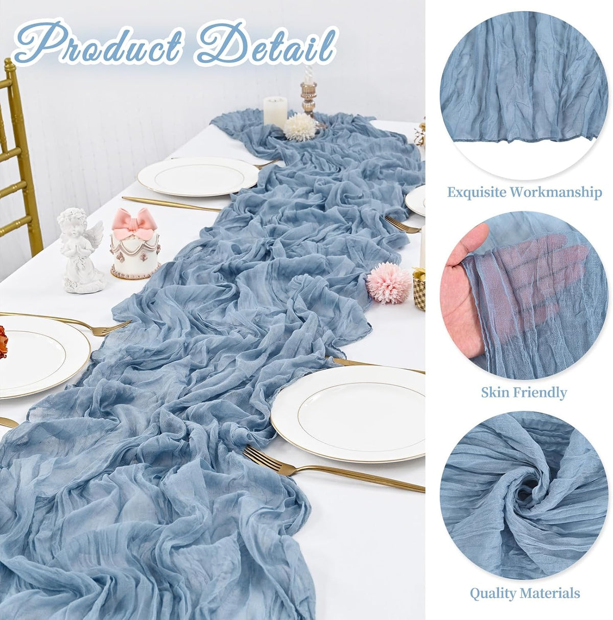 8 Pcs Dusty Blue Cheesecloth Table Runner 35"x120", 10FT Long Gauze Table Runner Boho for Wedding Reception Sheer Bridal Baby Shower Party Banquet Dining Table Decoration Tablecloth (90x300cm)