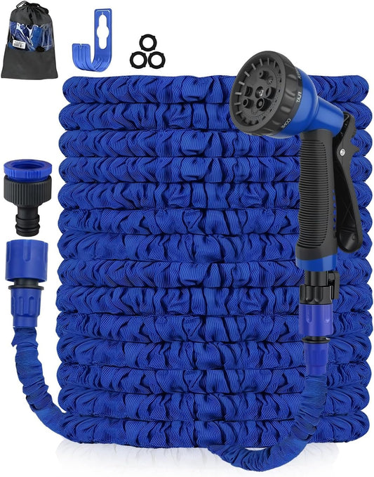 100FT Expandable Garden Hose Pipe - Flexible Expanding Magic Hose with 3/4", 1/2" Fittings, Anti-Leakage - Heavy Duty Water Hose with 8 Function Spray Nozzle for Spring/Summer (Blue, 100FT)