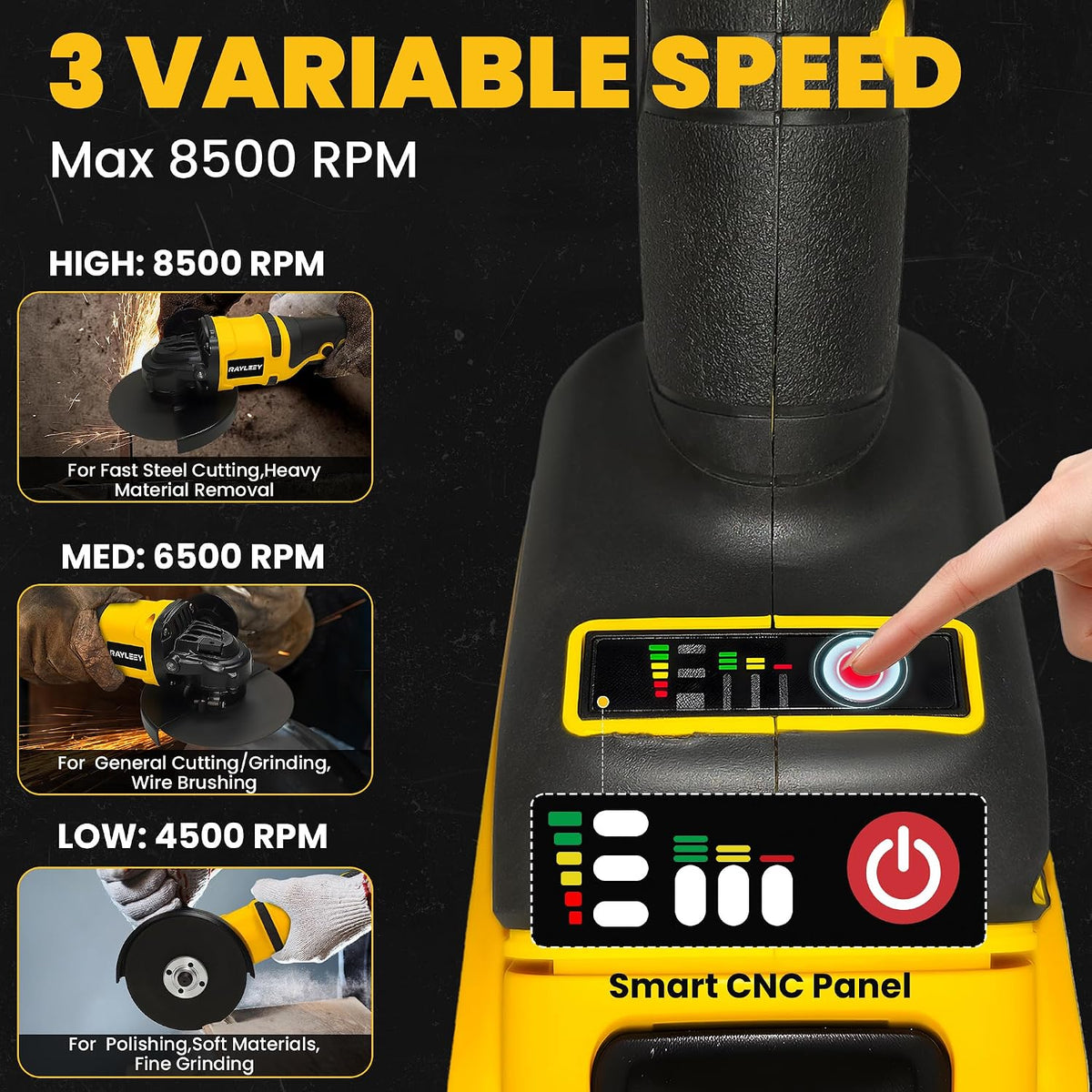 Cordless Angle Grinder for Dewalt 20V Battery, 4-1/2 Inch, 8500RPM Brushless Electric Angle Grinder Tool, 3 Variable Speeds Power Grinder for Cutting,Grinding,Polishing(Battery Not Included)
