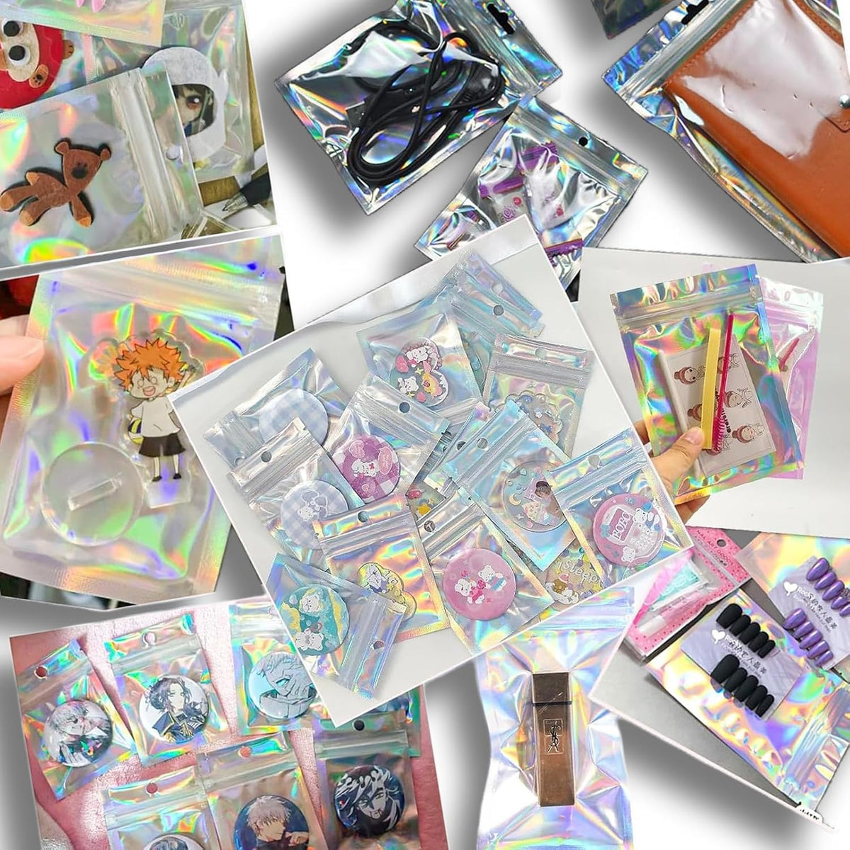 50pcs Holographic Mylar Bags 20x30cm - Purple Resealable Smell Proof Pouches for Lipgloss, Jewelry, Eyelash, Food Storage With Grip Foil Ziplock