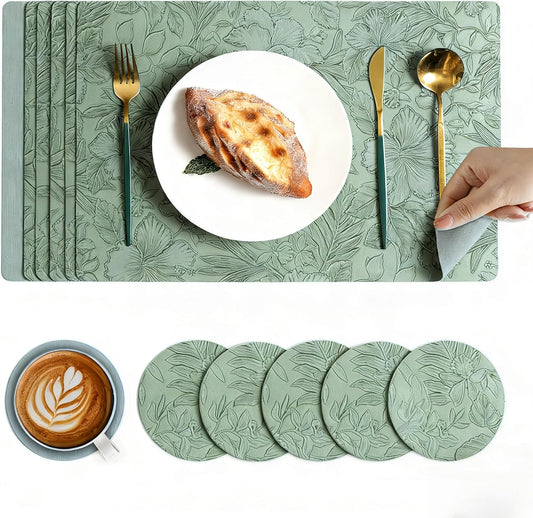 6 Pack with 6 Coasters Set - Artificial Leather Heat Resistant Waterproof Table Mats for Kitchen Dining Table Restaurant Hotel Use, 43x30cm with 10cm Round Coasters, Floral Design（Green ）
