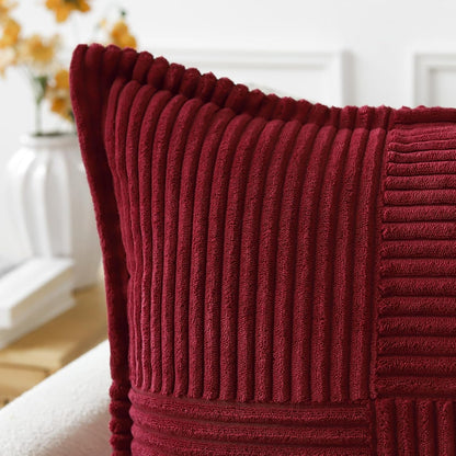 Artscope Corduroy Cushion Covers Pack of 2 Modern Patchwork Throw Pillow Covers Soft Pillowcase Broadside Decorative Textured Cushions for Home decor Sofa Bedroom Couch Wine Red 45x45cm