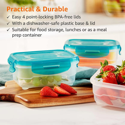 Amazon Basics Air-Locked Leak-Proof, Stackable & Airtight Fridge/Freezer Containers with Lids, BPA-Free Plastic, Microwave and Dishwasher Safe 3-Piece Food-Storage Set, 3 x 0.6 liter, Light Blue