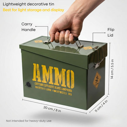 Army Ammo Tin decorative Storage Box & bedroom accessories. Cool military style treasure, Dad keepsake memory snack sweets box. Neatly store small bits & bobs. Great for any light storage needs.