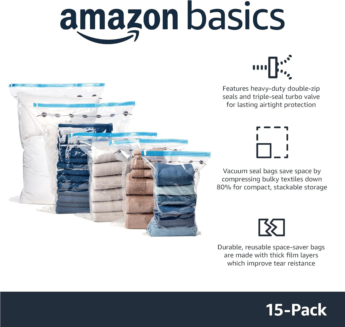 Amazon Basics Vacuum Compression Zipper Storage Bags with Airtight Valve and Hand Pump, 15-Pack, 2x X-Jumbo, 5x Jumbo, 4x (Large, Medium), 15 count (Pack of 1), Multiple, Clear