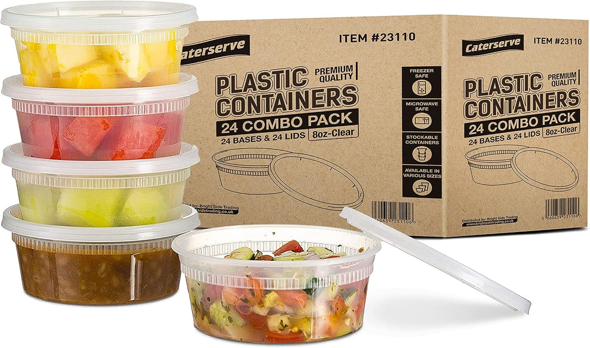Caterserve 24 Small Plastic containers with Lids - Food Storage Container Set - Leakproof Meal Prep Containers - Reusable and Dishwasher Safe - Microwave and Freezer Safe Food Storage Tubs- 8oz- 236ml