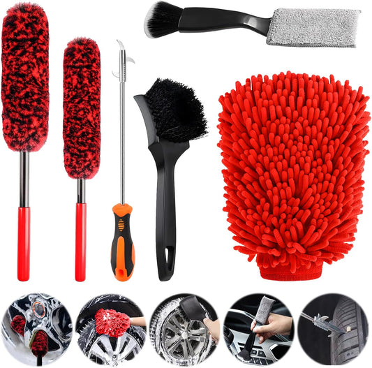 6PCS Car Wheel Cleaning Brush Kit, Scratch-Free Microfiber Wheel Woolies Brushes, Tire Rim Detailing Brush Set for Alloy Wheels, Car Wash Mitt & Stone Remover Hook