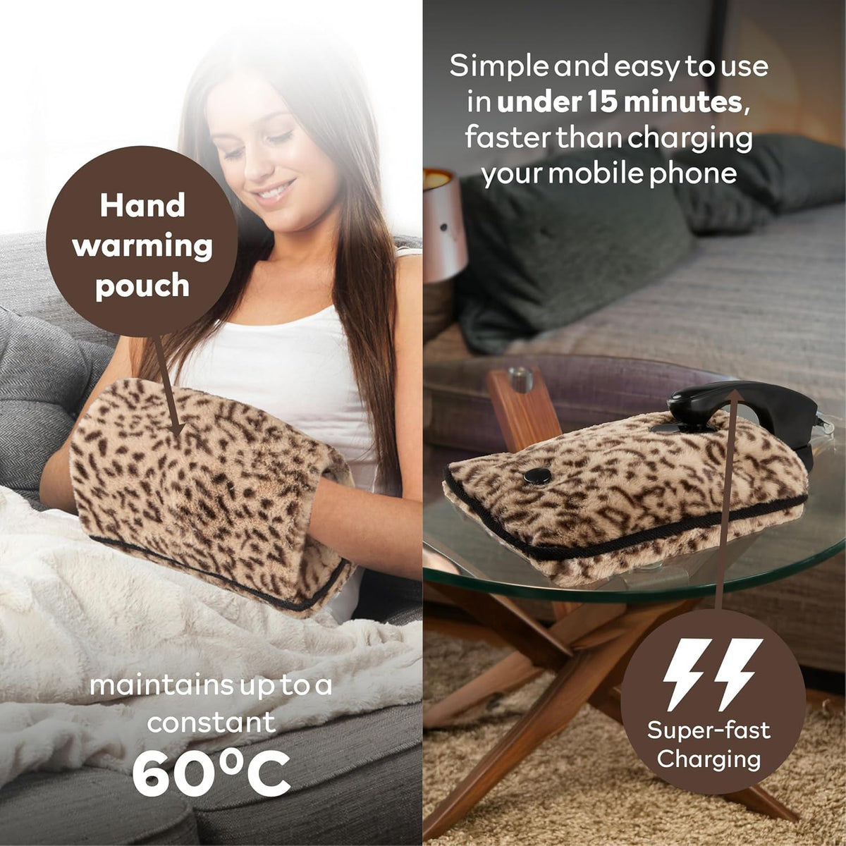 Carmen Rechargeable Hot Water Bottle, Hand Warmer, Automatic Temperature Control, Faux Fur Leopard Print – 350gsm,H x 17cm W x 24cm, C85043LPD
