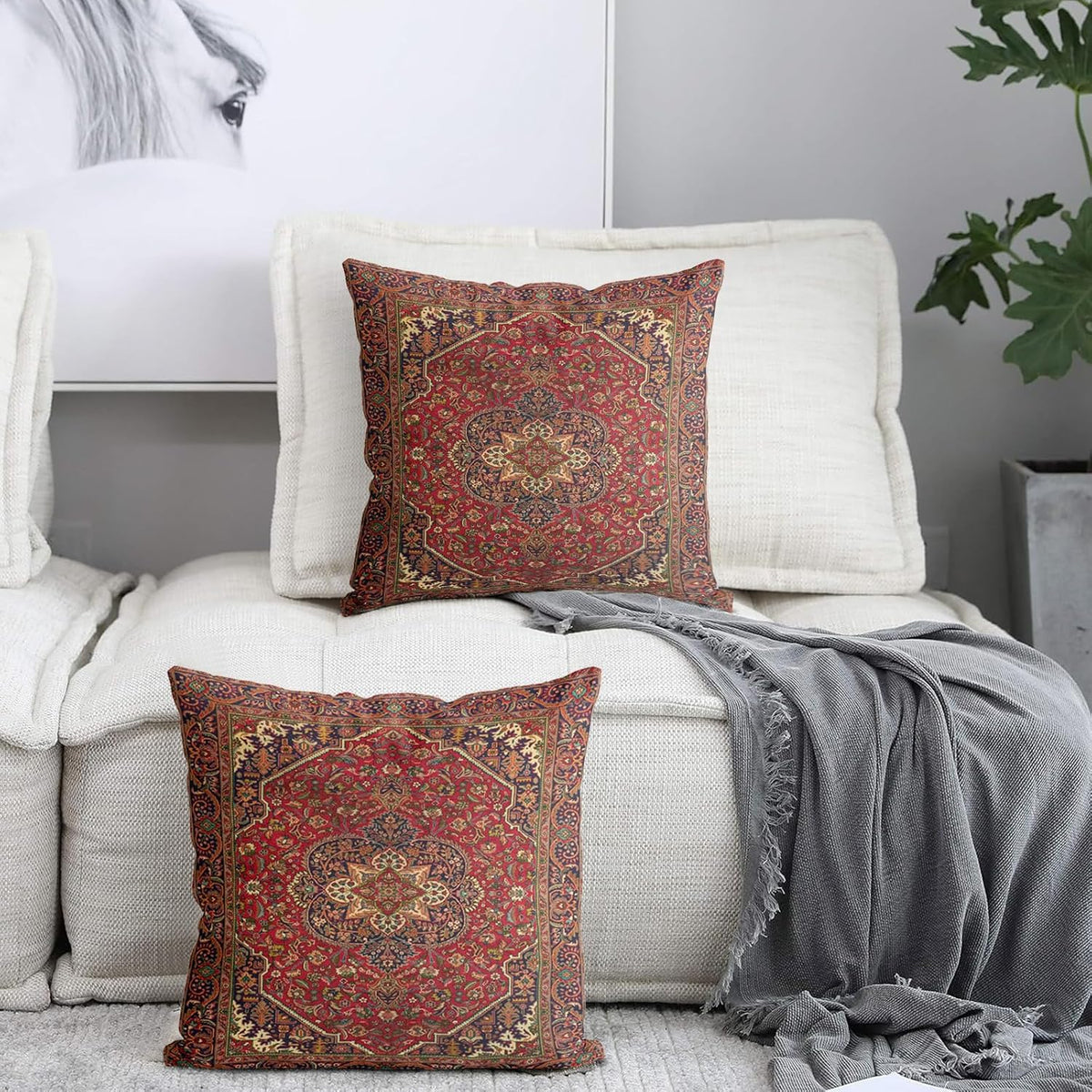Boho Throw Pillow Covers Set of 2 Maroon Antique & Vintage Design Double Sided Pattern 40x40 cm Soft Cushion Covers for Garden Couch Sofa Bed Decorative 16x16 Inch Pillowcases