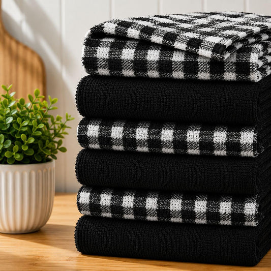 Casabella Pack Of 5 Terry Towelling Cotton Kitchen Tea Towels. Soft Kitchen Tea Towel Set, Highly Absorbent Dish Towels & Bar Towel Unbeatable Price (6 Pieces Set, Black)