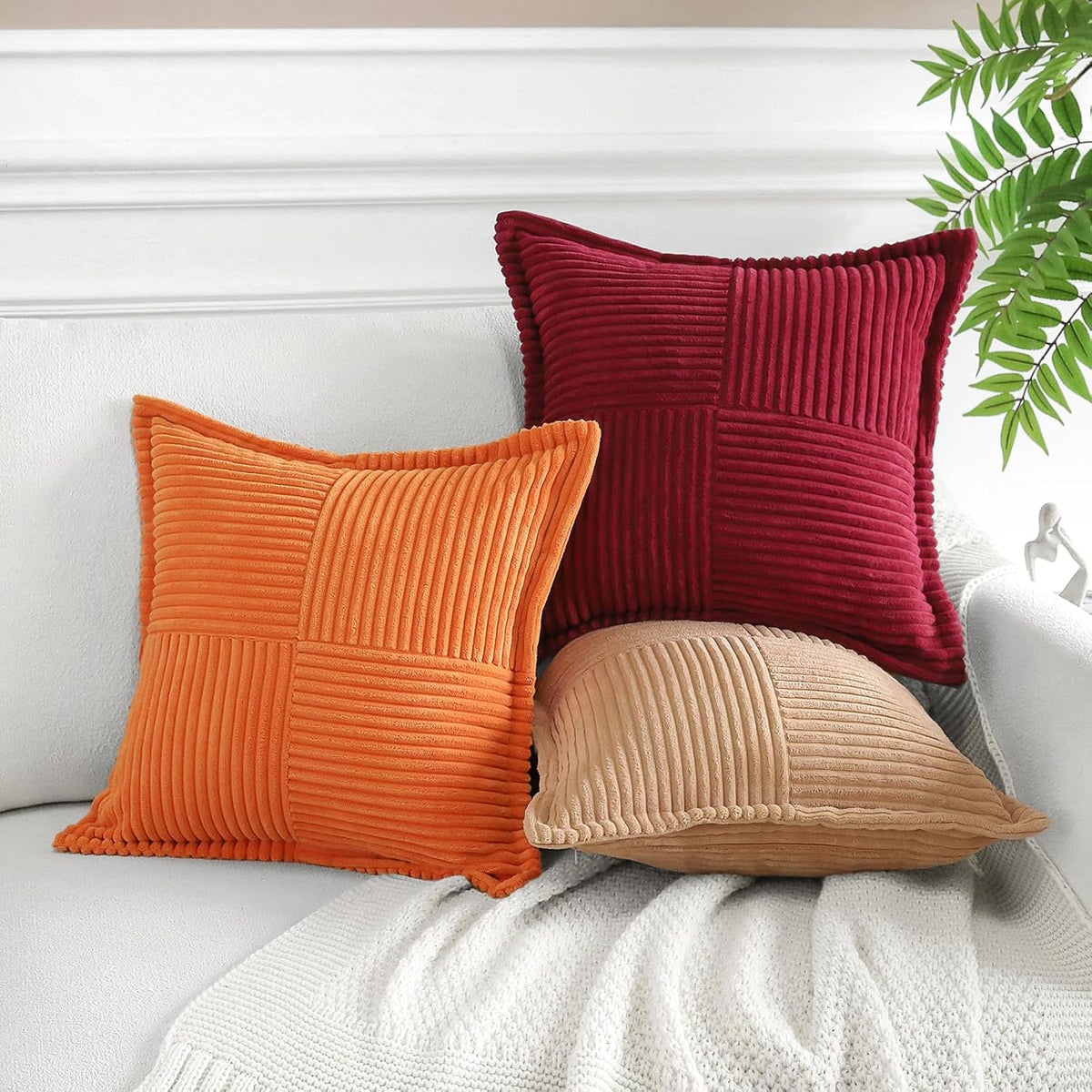 Artscope Corduroy Cushion Covers Pack of 2 Modern Patchwork Throw Pillow Covers Soft Pillowcase Broadside Decorative Textured Cushions for Home decor Sofa Bedroom Couch Wine Red 45x45cm