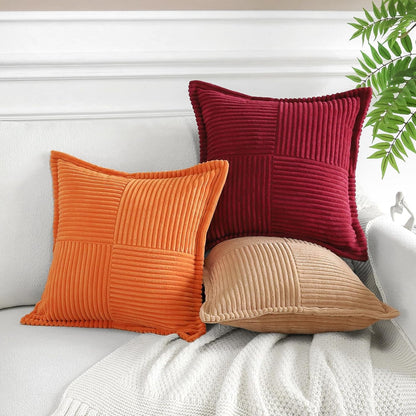 Artscope Corduroy Cushion Covers Pack of 2 Modern Patchwork Throw Pillow Covers Soft Pillowcase Broadside Decorative Textured Cushions for Home decor Sofa Bedroom Couch Wine Red 45x45cm