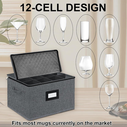 2 Pack Stemware Storage Cases - China Storage Containers Hard Shell for Glasses, Stackable Crystal Glassware Storage with Label, Handles for Protection, Moving (Dark Grey)