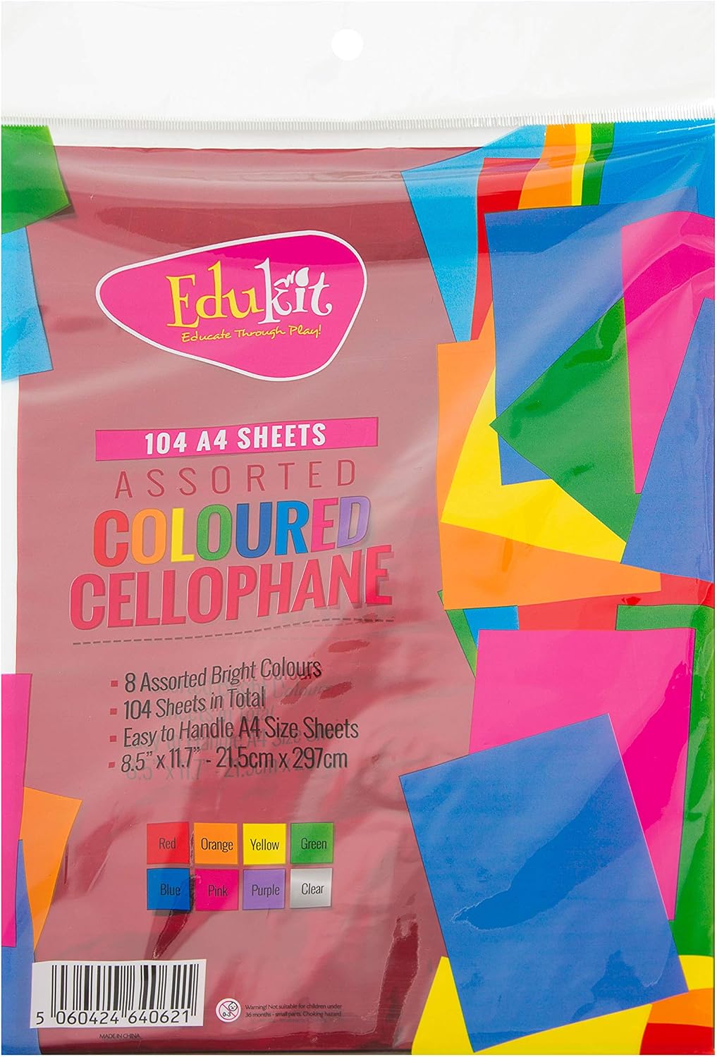 A4 Cellophane Sheets - Bumper Pack – 104 Pieces –8 Vibrant Colours Cello Wrap – for Stained Glass, Arts & Crafts, Gift Wrapping and More