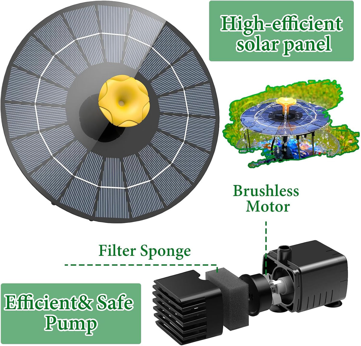 AISITIN 4W Solar Water Fountain with 1500mAh Battery, 2024 Upgraded Metal Stand Solar Powered Fountain Pump with 1 Flower Nozzle, Solar Fountains Water Feature for Garden, Bird bath, Ponds