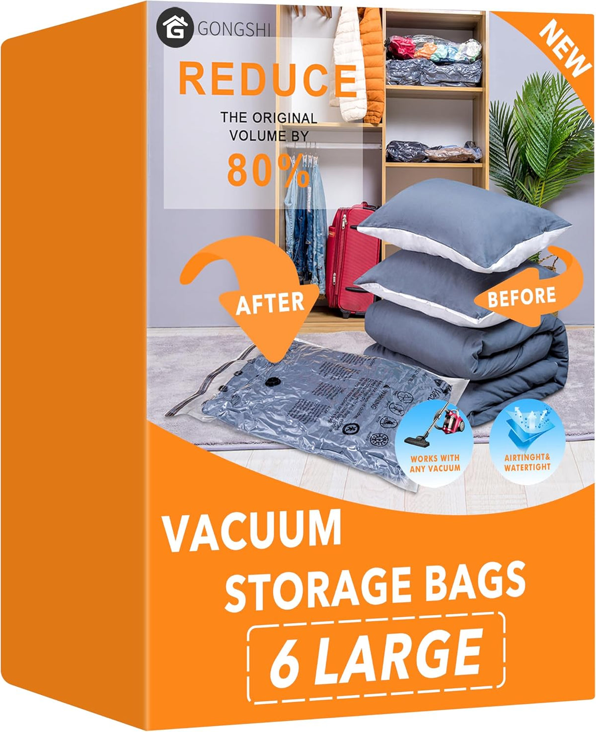 6 Large Vacuum Storage Bags,Space Saver Sealer Compression Bags for Blankets, Comforters, Pillows, Clothes Storage
