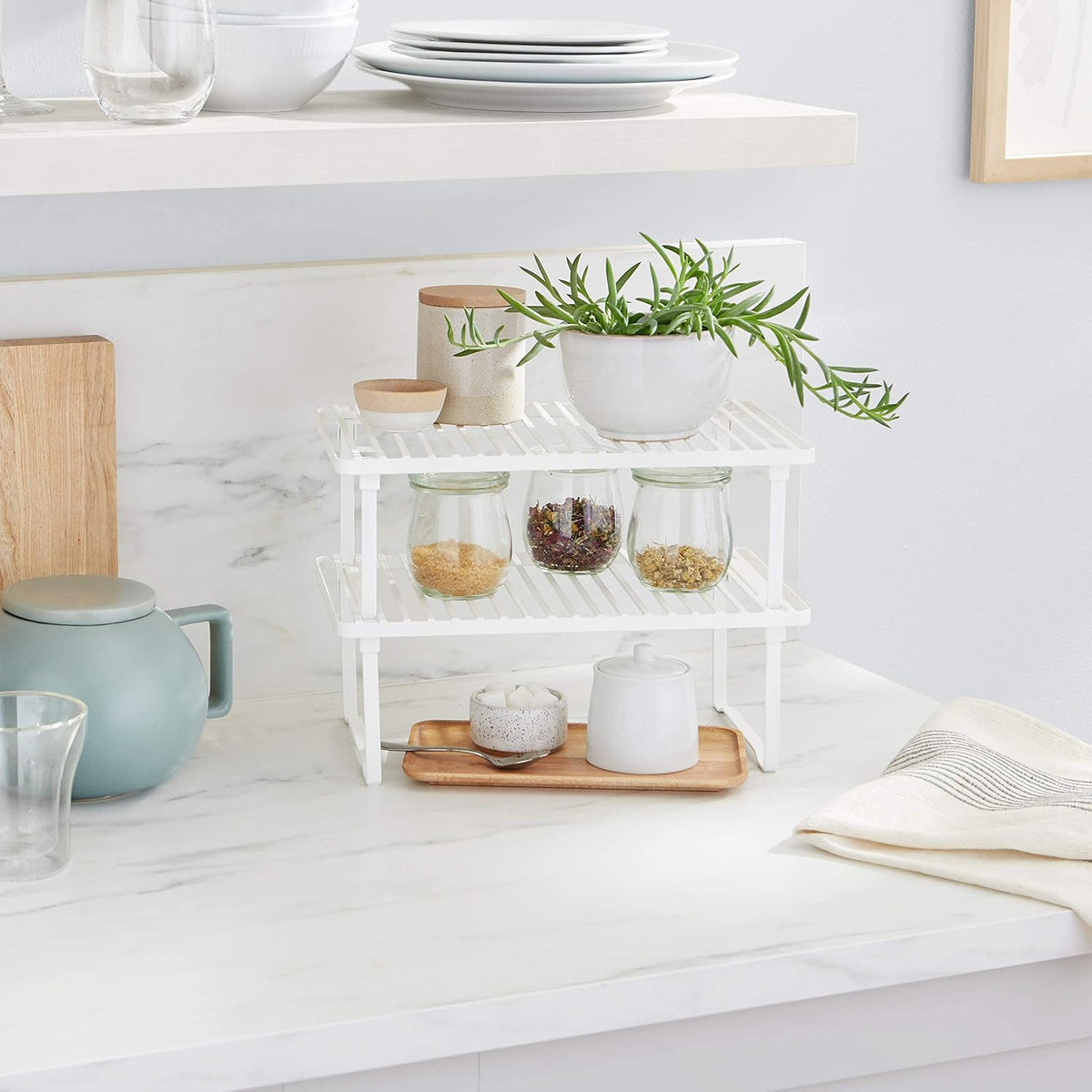 Amazon Basics Stackable Kitchen Storage Shelves, Pack of 2, 20.3 D x 31.6 W x 11.4 H cm, Metal, White | Stackable