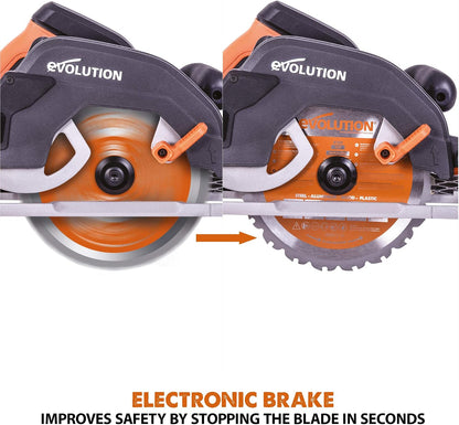 Evolution Power Tools R185CCSX Circular Saw With 1020 mm 3-Piece Track | Multi-Material Blade, Cuts Wood, Metal, Plastic & More | excluding Dust Port Adapter | 185mm (230v)