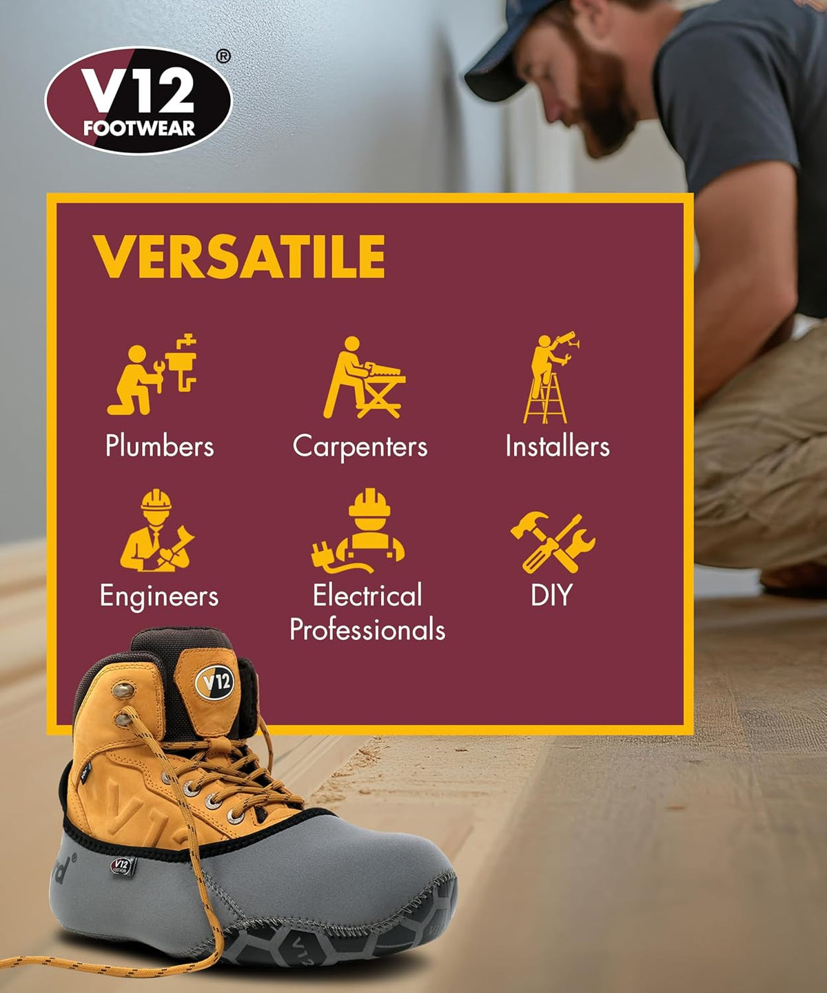 V12 MukGuard Reusable Overshoes – Washable, Slip-Resistant & Heavy-Duty Shoe Covers – Neoprene Upper & Rugged Grip Sole – Boot Cover for Work, DIY & Tradesmen – Fits UK Boot Size 7-8