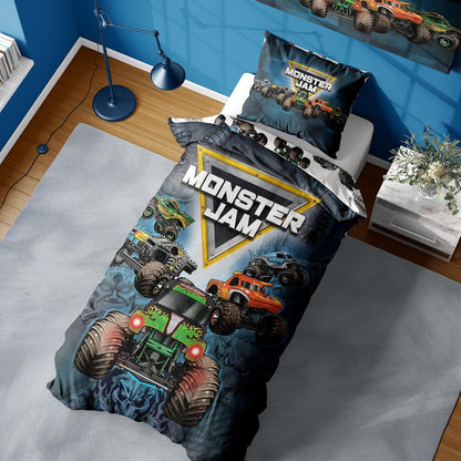 Monster Jam Single Duvet Cover - Grave Digger, Max-D, Megalodon, Dragon & El Toro Loco Design - Officially Licensed Reversible Bedding set with matching Pillowcase - Polycotton