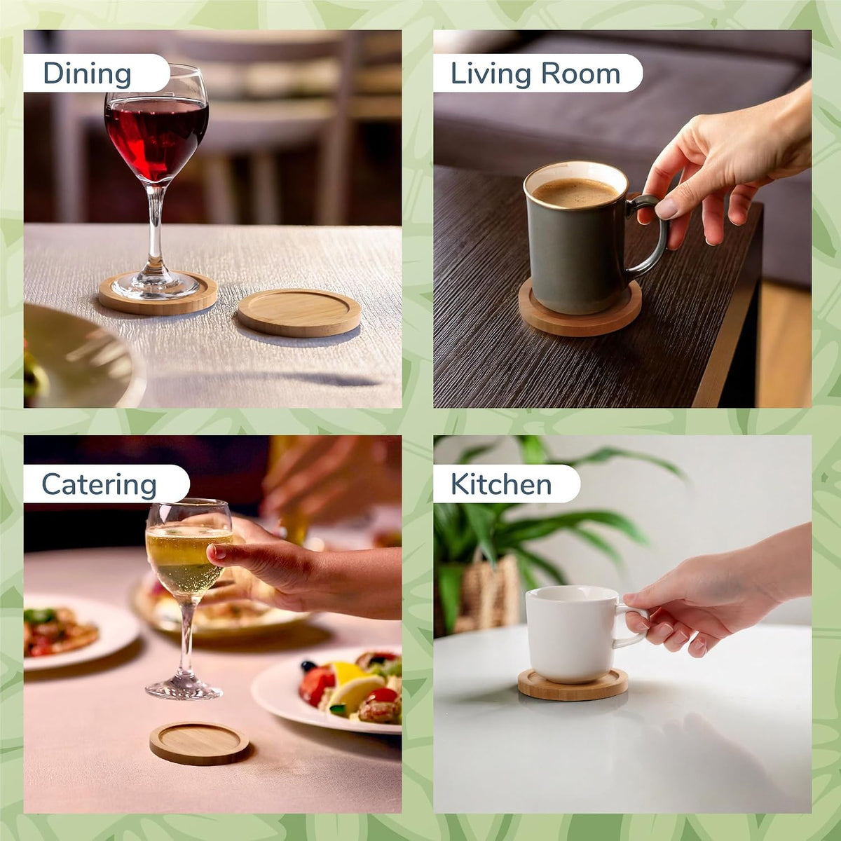 BambooMN Heavy Duty 100% Eco-Friendly Natural Bamboo Coasters - 3.75" - Round - 4 Piece Coaster Set