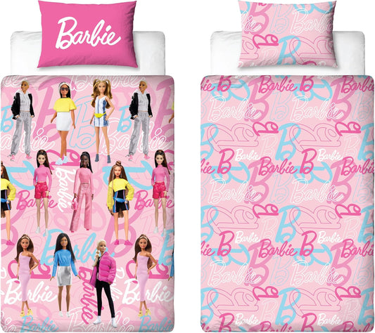 Barbie Officially Licensed Single Childs Duvet Cover Set | Unboxed Design Reversible 2 Sided dolls Bedding Including Matching Pillow Case Brands Polyester Single Quilt Cover, Pink