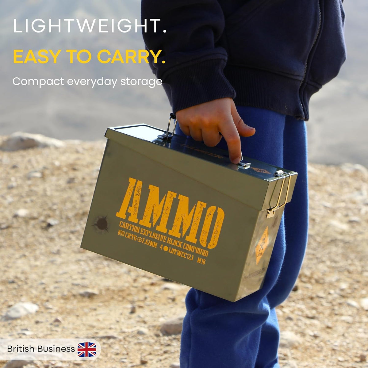 Army Ammo Tin decorative Storage Box & bedroom accessories. Cool military style treasure, Dad keepsake memory snack sweets box. Neatly store small bits & bobs. Great for any light storage needs.