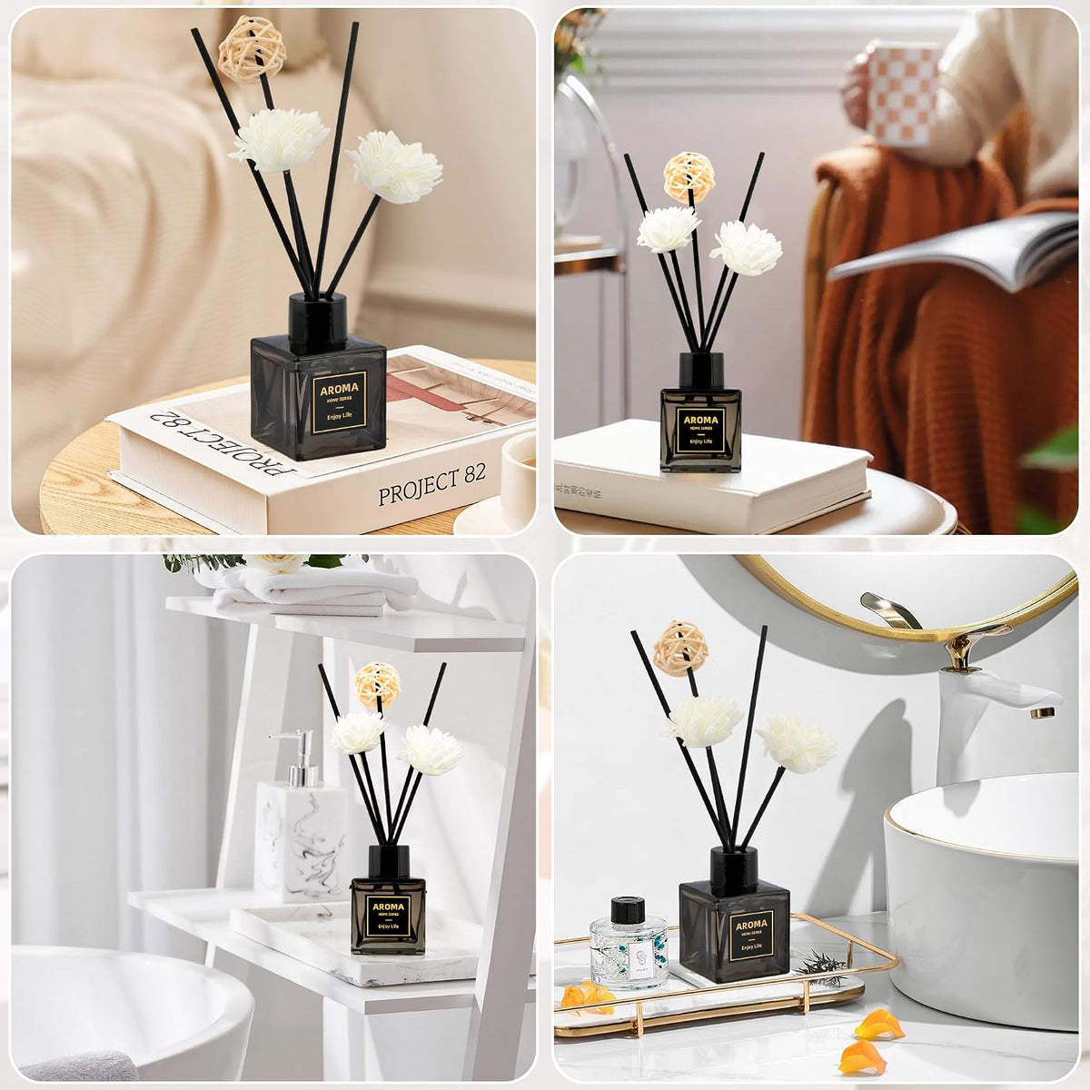 Black Glass Bottle Reed Diffuser, 50ml Long Lasting Freesia Scent Air Freshener for Home & Room Decor, Room Diffuser with Decorative Sticks, Bathroom Air Freshener and Home decor