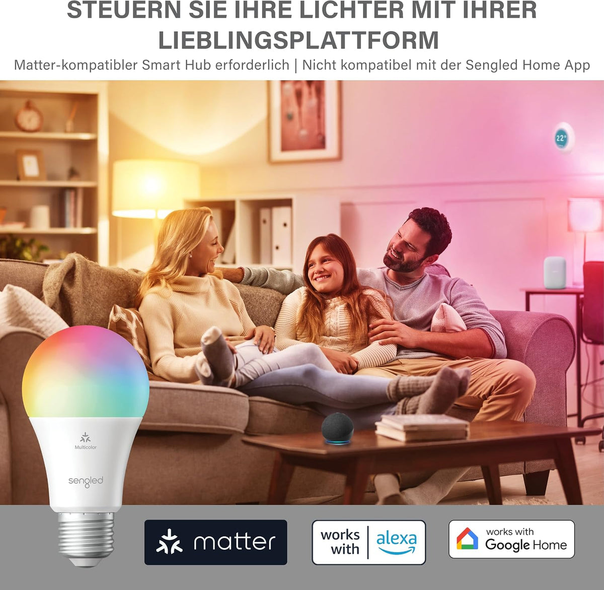 Sengled LED Smart Light Bulb (E27), Matter-Enabled, Multicolour, Works with Alexa, 60W Equivalent, 800LM, Instant Pairing, Matter-Compatible Platform Required, 2.4 GHz, Wi-Fi, 1-Pack