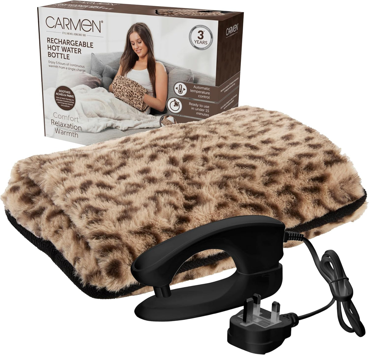 Carmen Rechargeable Hot Water Bottle, Hand Warmer, Automatic Temperature Control, Faux Fur Leopard Print – 350gsm,H x 17cm W x 24cm, C85043LPD