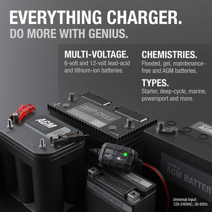 NOCO GENIUS2: 2A 6V/12V Smart Battery Charger – Automatic Maintainer, Trickle Charger & Desulfator with Overcharge Protection & Temperature Compensation – For Lead-Acid & Lithium Batteries
