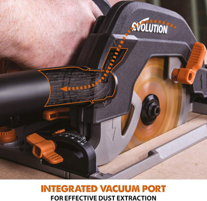 Evolution Power Tools R185CCSX Circular Saw With 1020 mm 3-Piece Track | Multi-Material Blade, Cuts Wood, Metal, Plastic & More | excluding Dust Port Adapter | 185mm (230v)