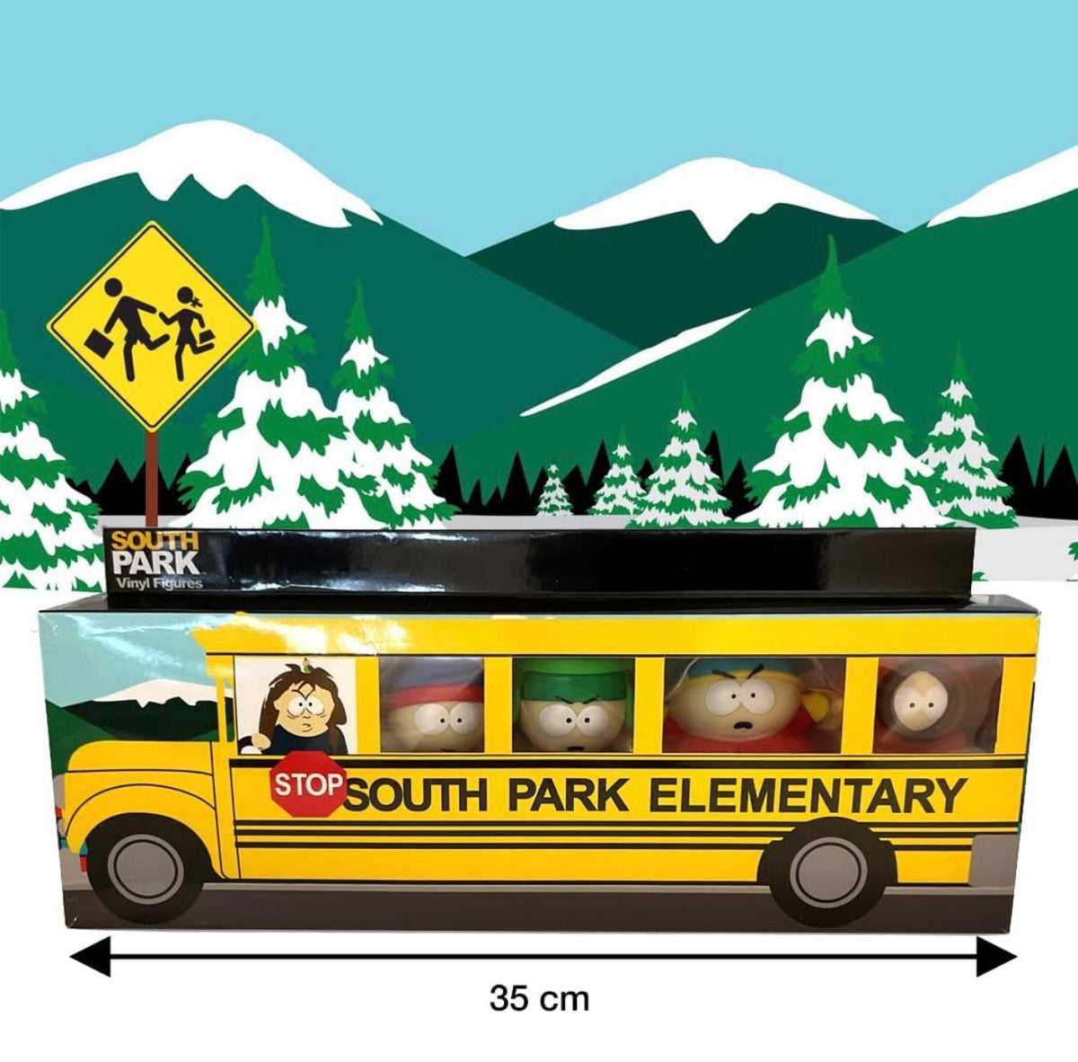 South Park 2.5" Vinyl Figure Collection School Bus Box. Includes Cartman, Stan, Kenny, Kyle and Butters