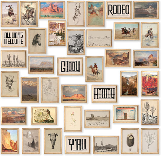 97 Decor Boho Western Decor for Home - 40 Pcs Collage Western Wall Decor for Bedroom, Boho Ranch Southwestern Wall Art Prints, Old Western Aesthetic Pictures Farmhouse Posters for Teen Girl Dorm (4x6)