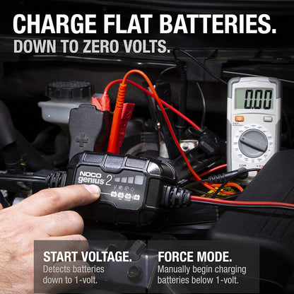 NOCO GENIUS2: 2A 6V/12V Smart Battery Charger – Automatic Maintainer, Trickle Charger & Desulfator with Overcharge Protection & Temperature Compensation – For Lead-Acid & Lithium Batteries