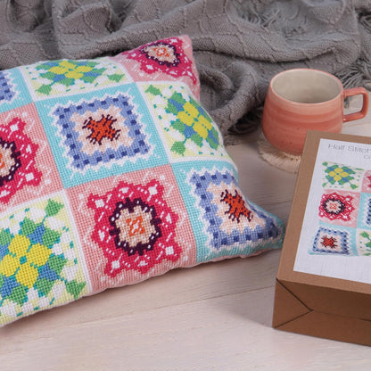 Trimits Half Stitch Cross Stitch Cushion Kit, Cushion Back Included, Pre Printed Canvas, Yarn and Needle Included 40 x 40cm (15.75 x 15.75in), Crochet