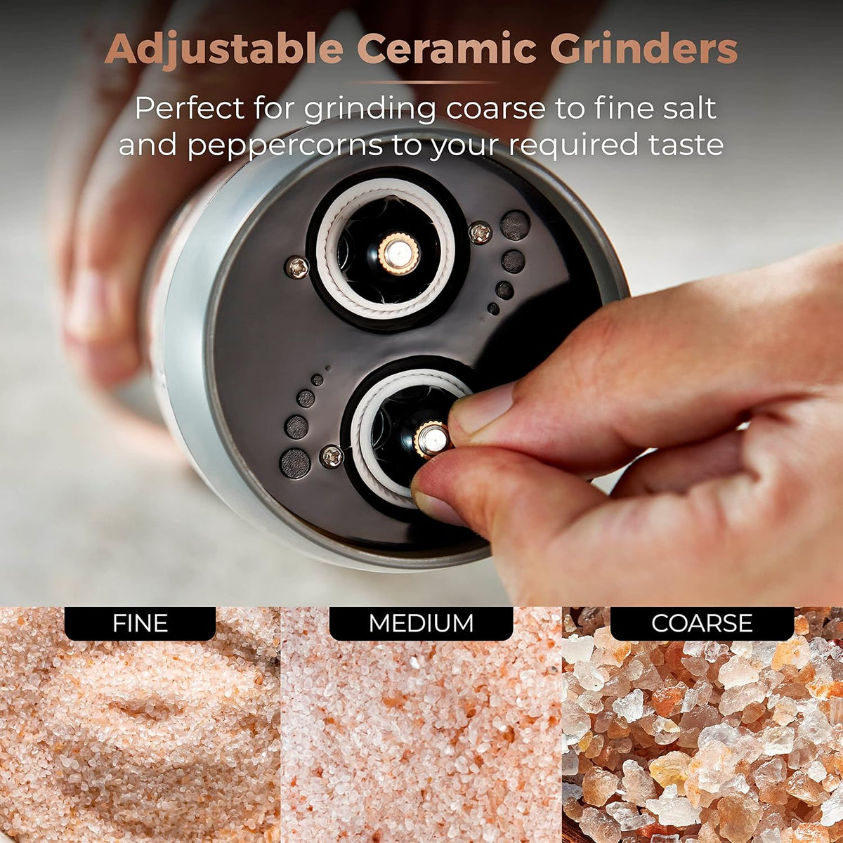 Tower Electric Salt and Pepper Mills, Battery Operated with Adjustable Ceramic Grinders, Grey and Rose Gold, T847004GRY