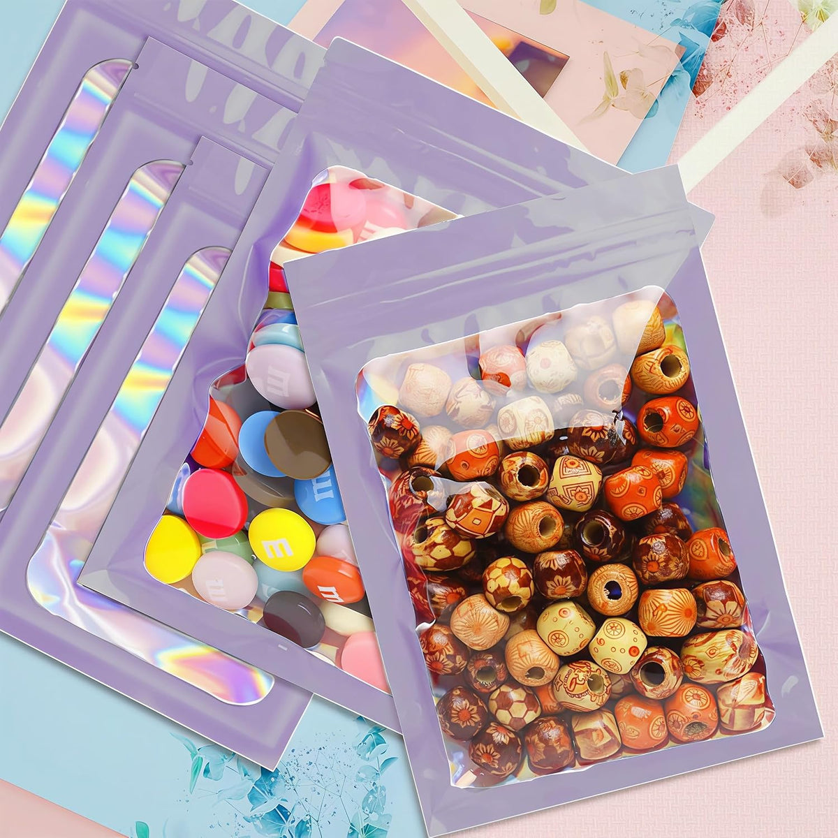 50pcs Holographic Mylar Bags 20x30cm - Purple Resealable Smell Proof Pouches for Lipgloss, Jewelry, Eyelash, Food Storage With Grip Foil Ziplock